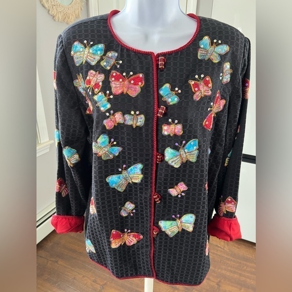 INDIGO Moon Multi Color Butterfly Metallic Thread Sequin Button Up Blazer Size S - Picture 3 of 14